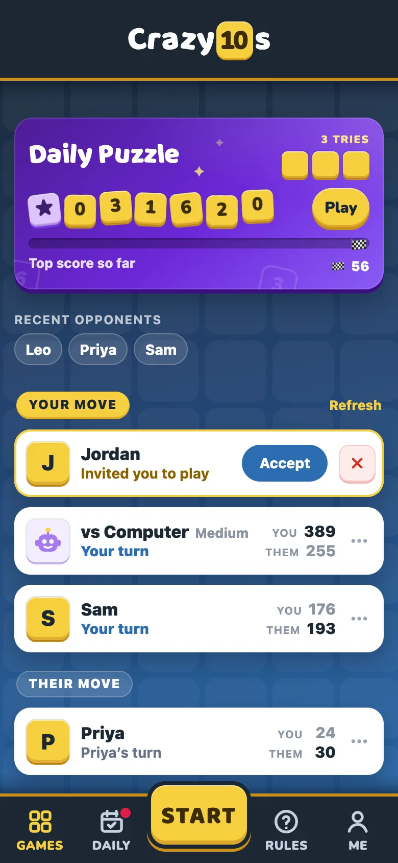 The Crazy10s app on a phone: your games, an invite from a friend and the Daily Puzzle