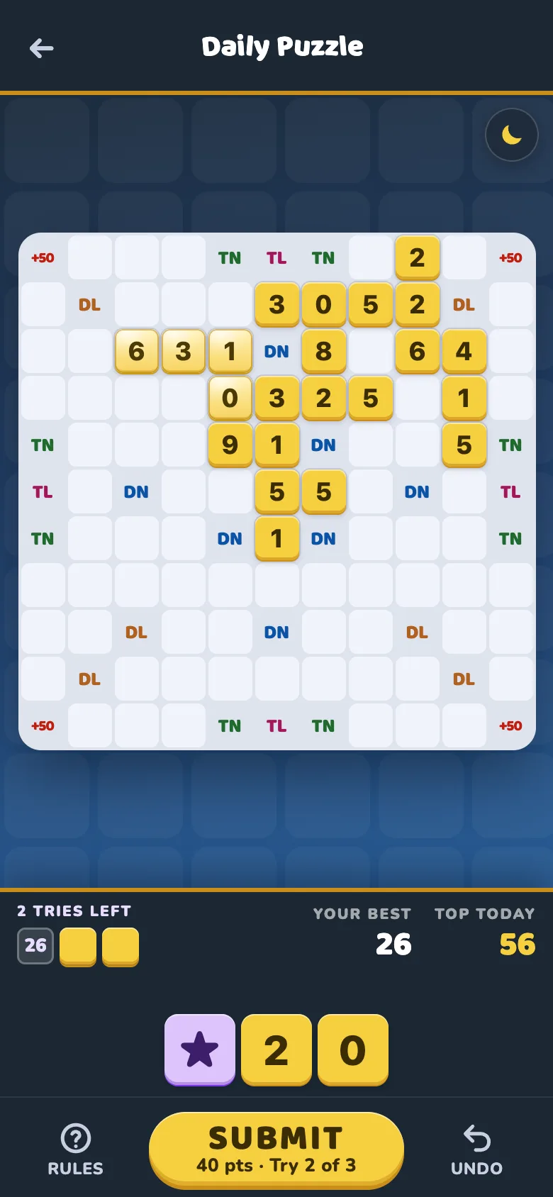The Daily Puzzle on a phone: second try, a 102-point move ready to submit, today's top score 118
