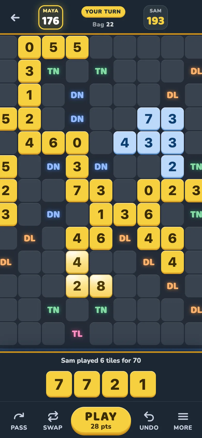 A Crazy10s game on a phone: Maya and Sam's board, three tiles placed for a 40-point move, and the Play button showing 40 pts